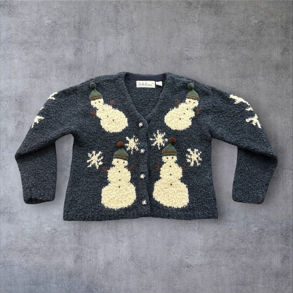 BellePointe Snowman Cardigan Women XL Blue Wool Blend Vintage Holiday Sweater